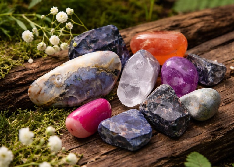 Cristales curativos pulidos y piedras preciosas pulidas sobre madera musgosa natural