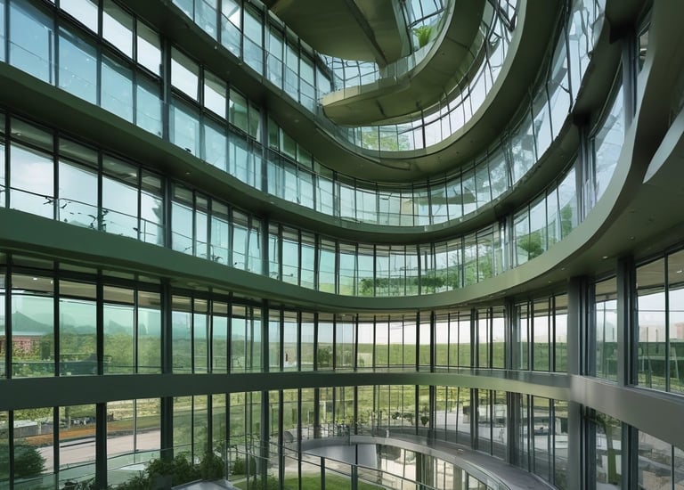 A busy construction site with workers and sustainable technology equipment.