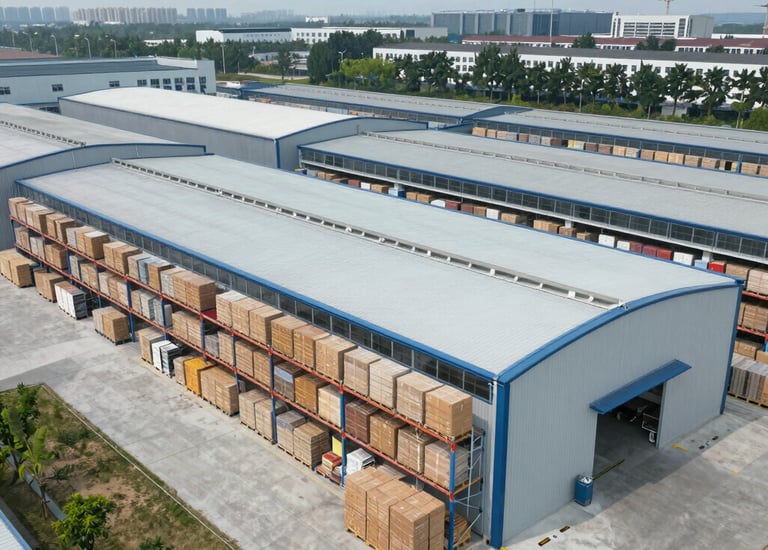 Steel framework of an industrial building with visible Prime Fix fasteners in a clear sky setting.