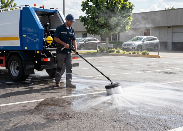 Pressure washing a retail center parking lot, removing oil stains and dirt.