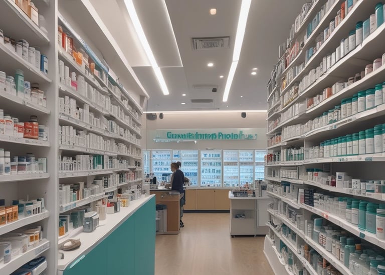 A community pharmacy storefront with a welcoming teal and white sign.