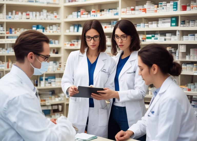 Pharmacy staff engaged in a hands-on training session led by a consultant.