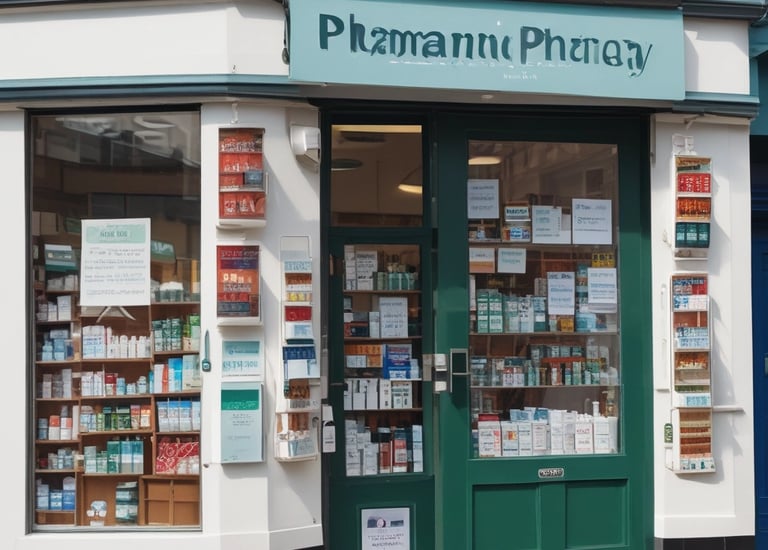 A community pharmacy storefront with a welcoming teal and white sign.
