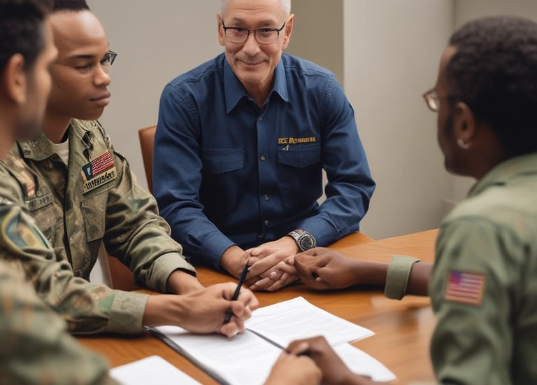 Veterans sharing a meal together in a bright, inviting dining area.