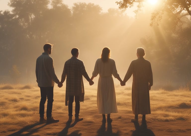 A peaceful prayer circle gathered in a cozy room, hands joined in intercession.