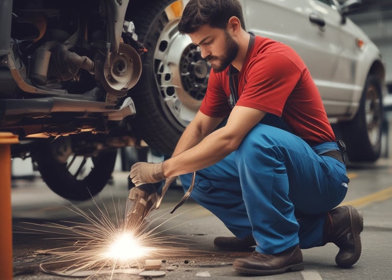 A technician replacing brake pads on a modern vehicle in a clean garage.