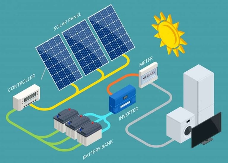 Isometric diagram of a solar power system with panels, controller, battery bank, inverter, and meter.