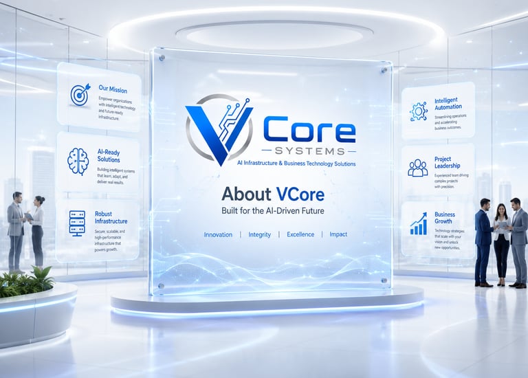 VCore Systems digital display showing AI infrastructure and business technology solutions in a futuristic office.