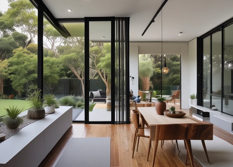 A spacious family room with cozy fireplace and large windows overlooking a garden.