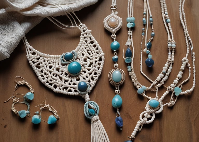 Joyería realizada con técnica de macramé y piedras azules sobre una mesa de madera