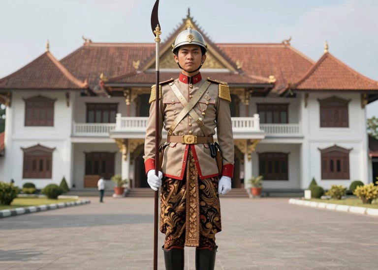 A vibrant traditional Javanese cultural festival with members in colorful batik and wayang-themed decorations.