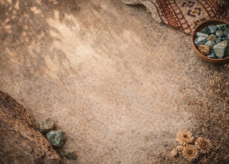 Composición rústica con piedras naturales y flores secas.”