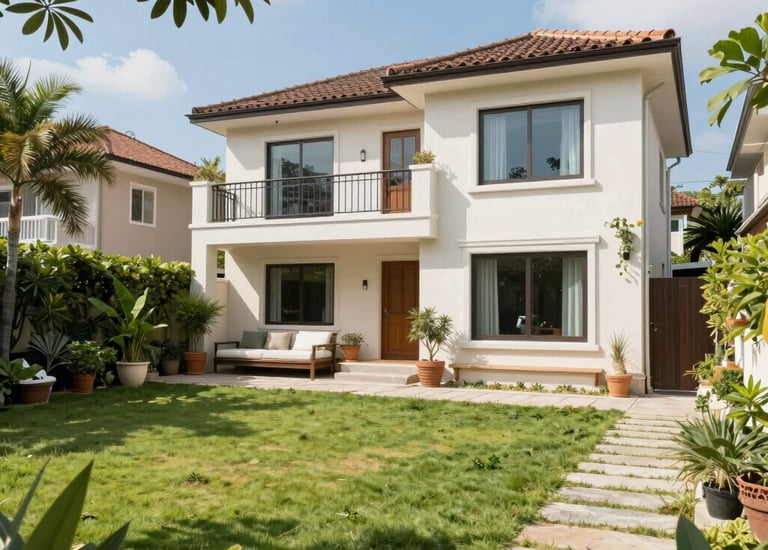 An elegant villa with lush gardens and pristine architecture