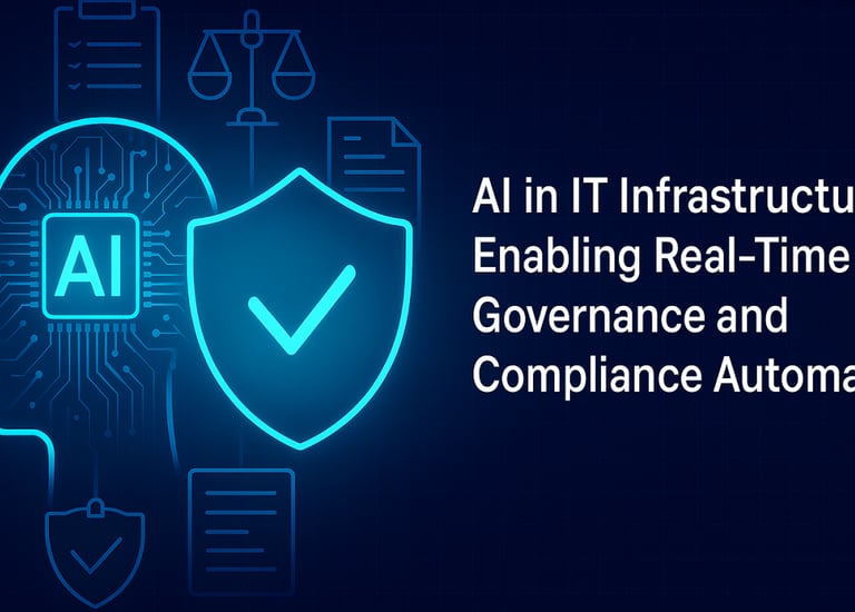 AI in IT infrastructure graphic showing real-time governance and compliance automation with a digital profile.