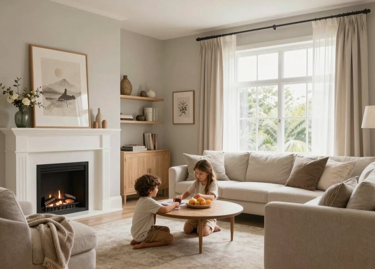 A cozy living room blending wood, stone, and soft textiles in warm tones.