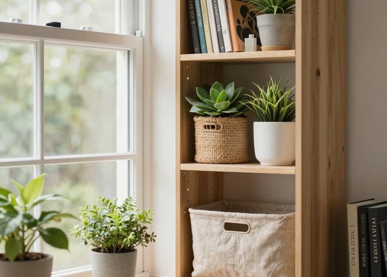 A minimalist bedroom with organized storage and calming neutral colors.