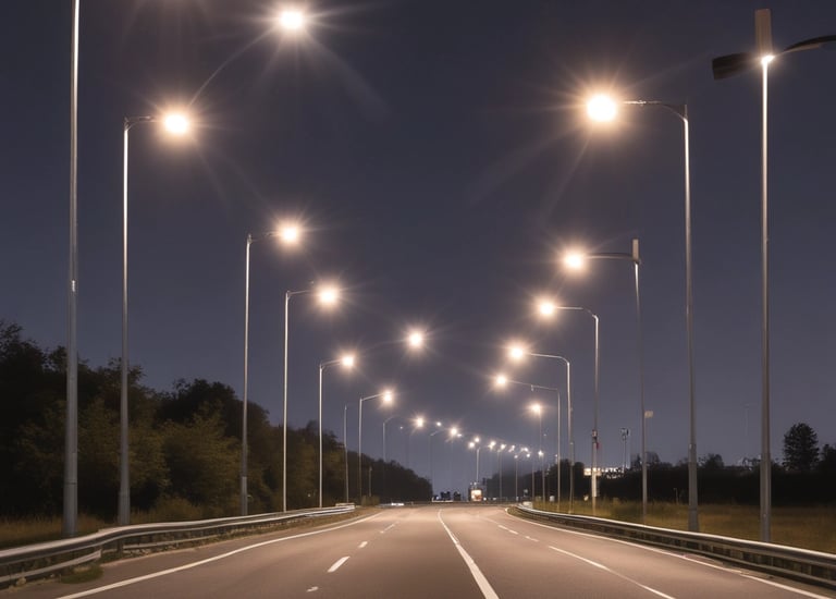 LED street lights illuminating a quiet urban street at dusk.