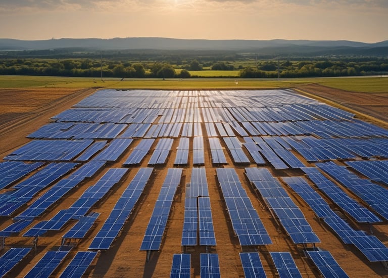 A solar rooftop installation gleaming under a clear blue sky.