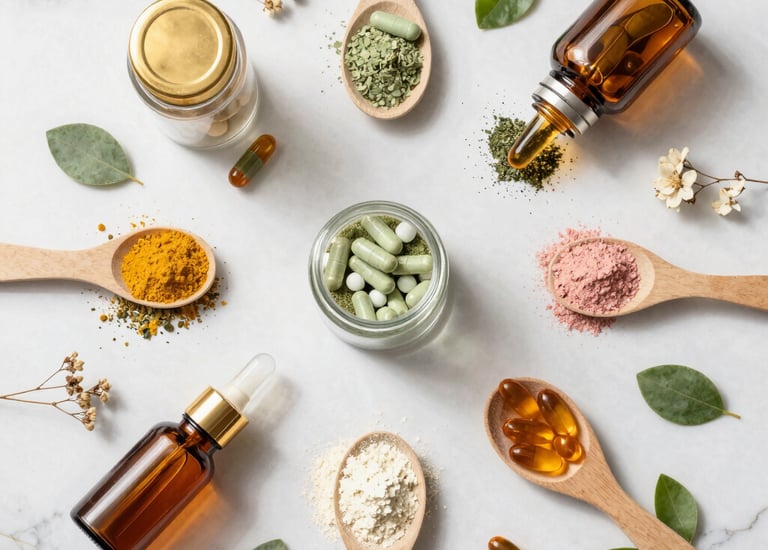 A cozy flat lay of wellness supplements and a notebook on a soft pink background.