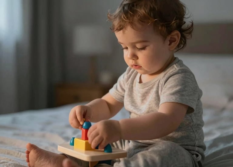 A toddler peacefully napping on a colorful bedspread.