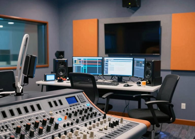 Radio studio with hosts speaking into microphones surrounded by sound equipment.