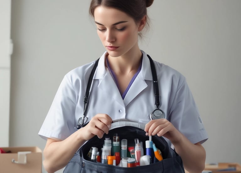 A focused nurse using a tablet in a cozy home office.
