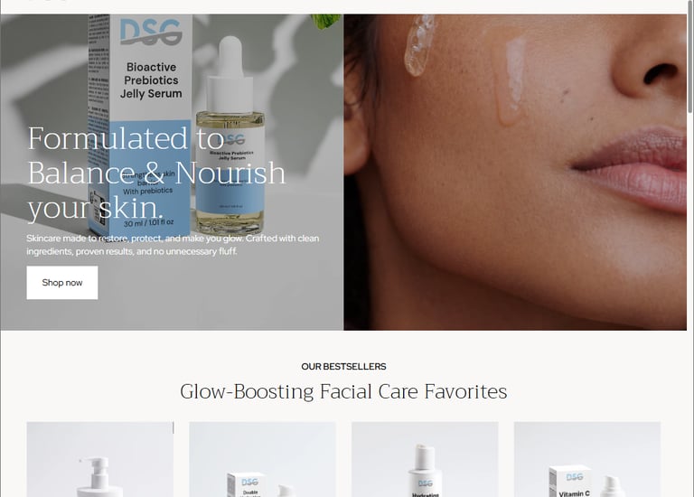 DSG skincare website featuring bioactive prebiotics jelly serum and glow-boosting facial care products.