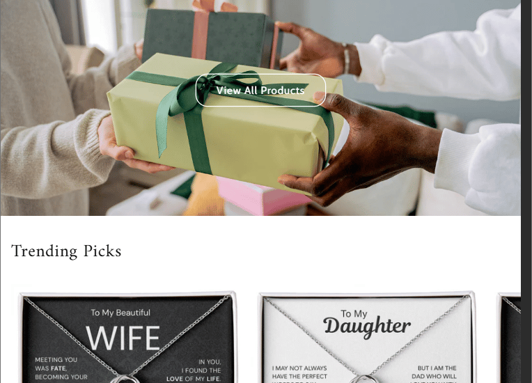 Loved Ones Gift Shop website featuring jewelry for wives and daughters with sentimental message cards.