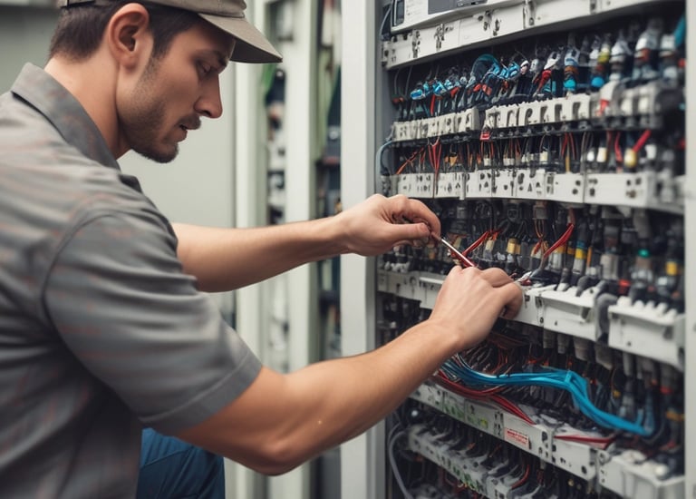 Industrial workspace with new electrical installations being tested by a technician.