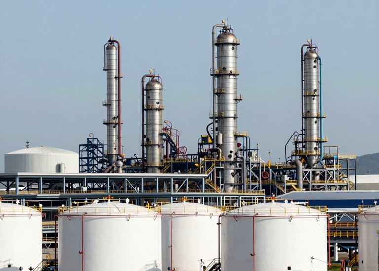 Oil rigs silhouetted against a vibrant sunset over the ocean.