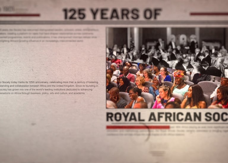 Motion graphic from the Royal African Society 125th anniversary promotional film celebrating UK–Africa partnership.