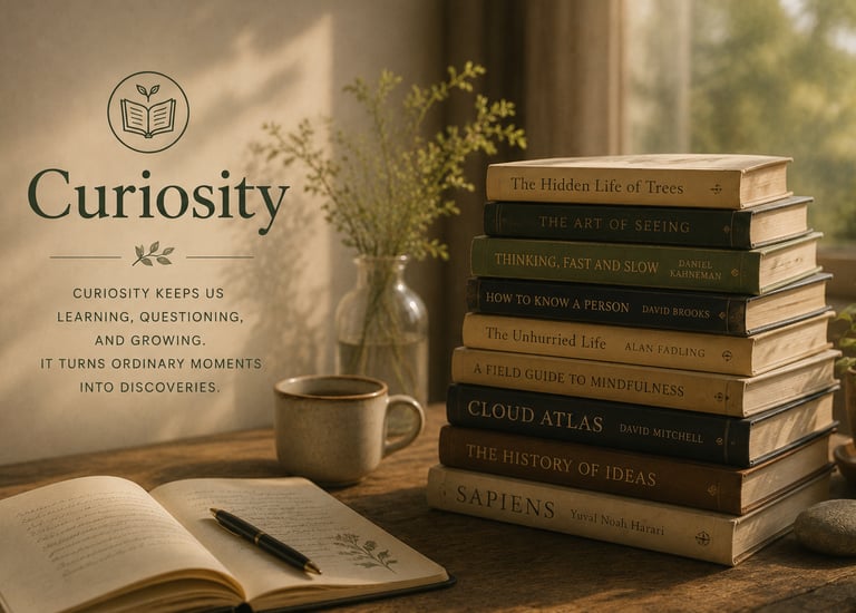 Stack of books beside a notebook and tea, representing curiosity, learning, and lifelong discovery.