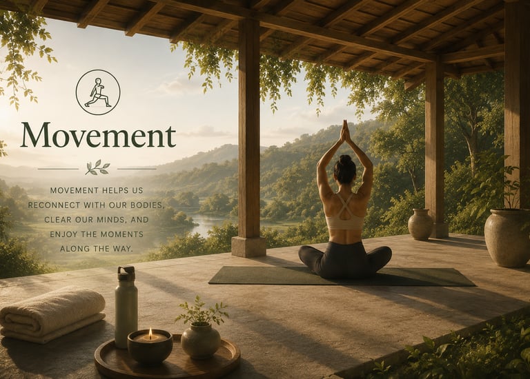 Quiet outdoor yoga space overlooking nature, symbolising movement, wellbeing, and presence.