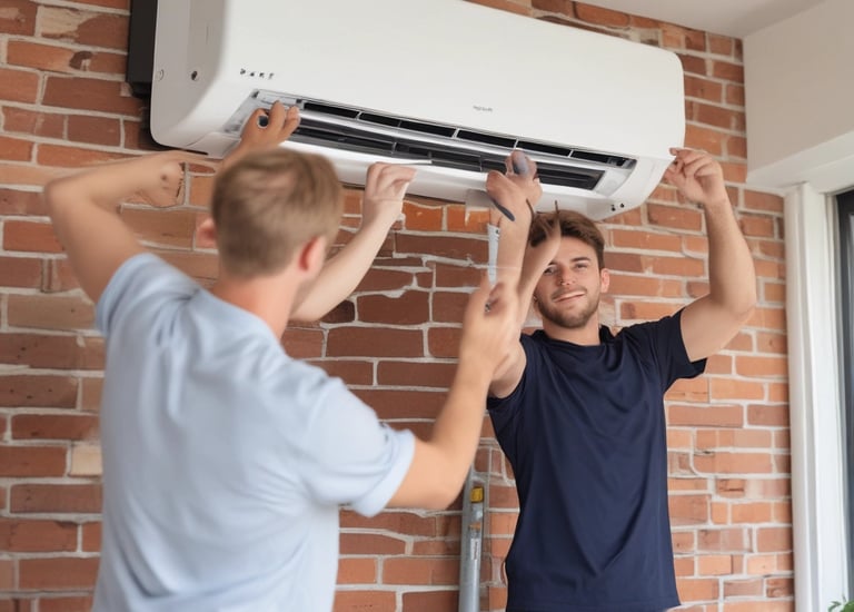 Technician installing an air conditioning unit in a Salvadoran home