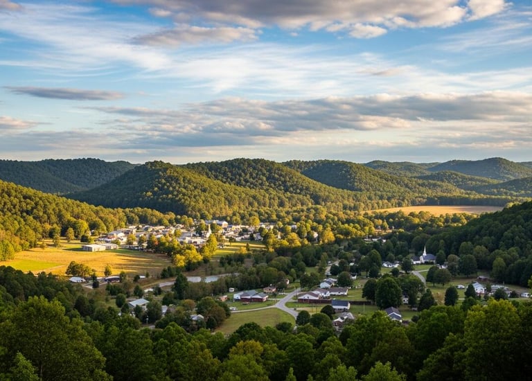 Aerial view of a small rural town nestled in a lush green valley surrounded by rolling Appalachian hills at sunset.