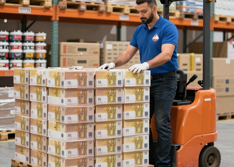 Shelves stacked neatly with boxes, showcasing organized pick and pack operations.