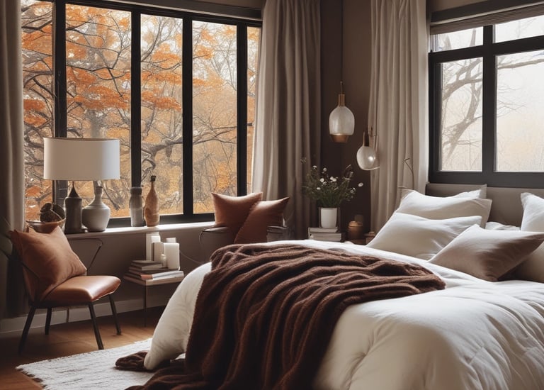 A serene bedroom with cozy elements.