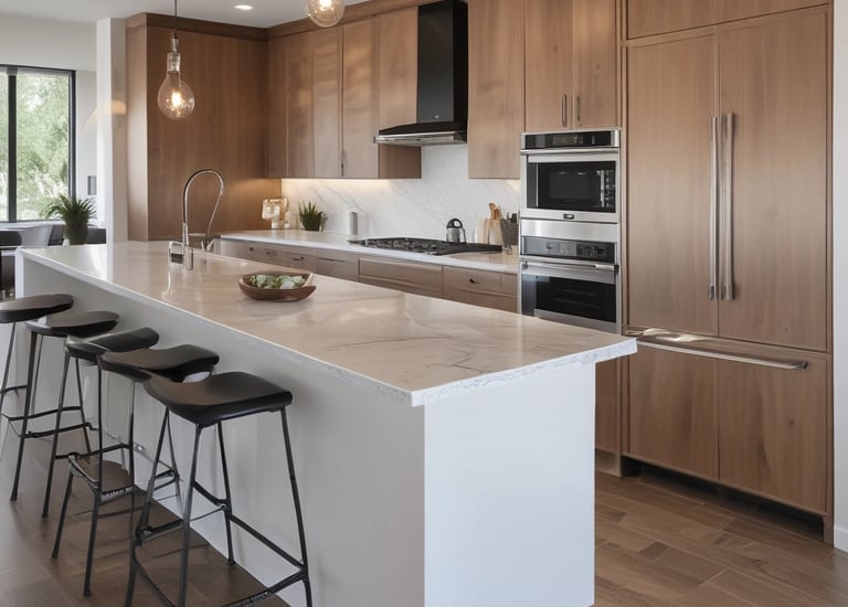 A beautifully remodeled kitchen with modern finishes and warm lighting.