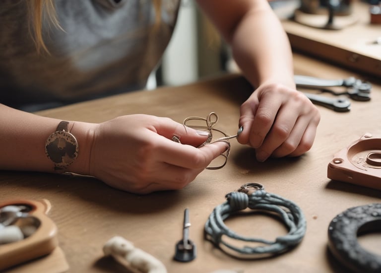 artesano elaborando piezas de joyería hechas a mano en un banco de trabajo con herramientas