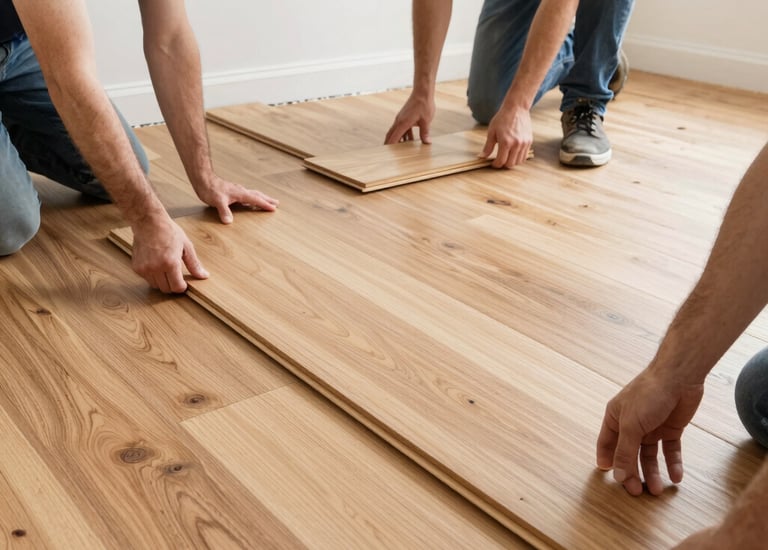 Close-up of freshly installed hardwood flooring in a bright Sarasota living room.