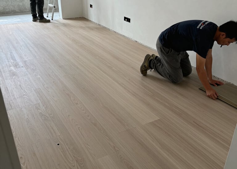 Before and after shots of a flooring upgrade in a Sarasota condo.