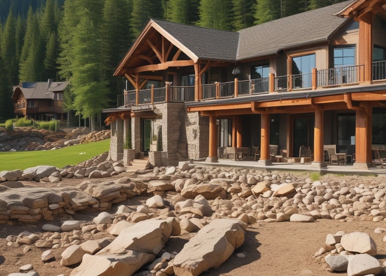 A custom mountain home with visible earthquake cracks being digitally scanned.