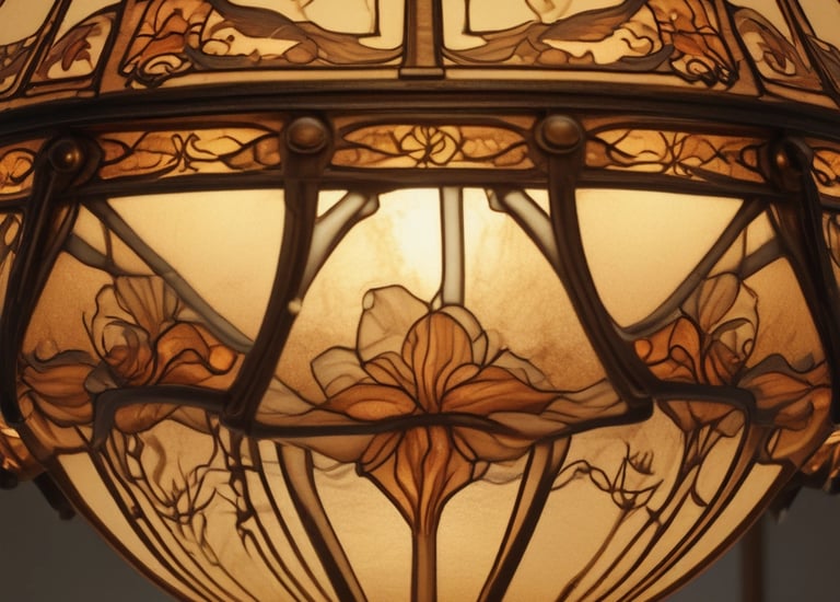 A colorful, circular stained-glass lampshade is illuminated by a central light. The lampshade features intricate geometric patterns and bold colors, including red, green, yellow, and blue, forming a vibrant and visually striking design. The dark background enhances the vividness of the colors and patterns.