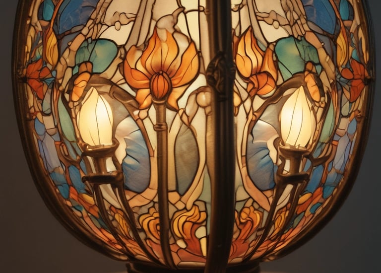 A cluster of colorful, geometric lampshades is arranged closely against a dark background. The lampshades vary in color, with hues of purple, blue, yellow, and orange, creating a vivid contrast with the black backdrop. The light emanating from the lamps is soft, adding an artistic touch to the overall composition.