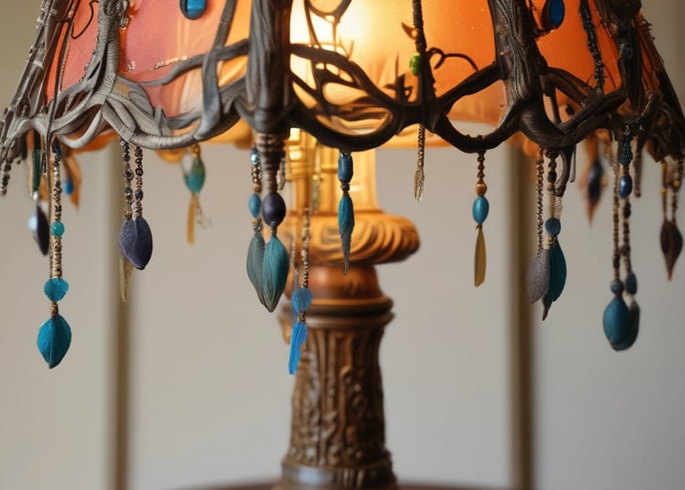 A circular woven lampshade with a warm light bulb in the center, casting intricate shadows and patterns on the inside surfaces.