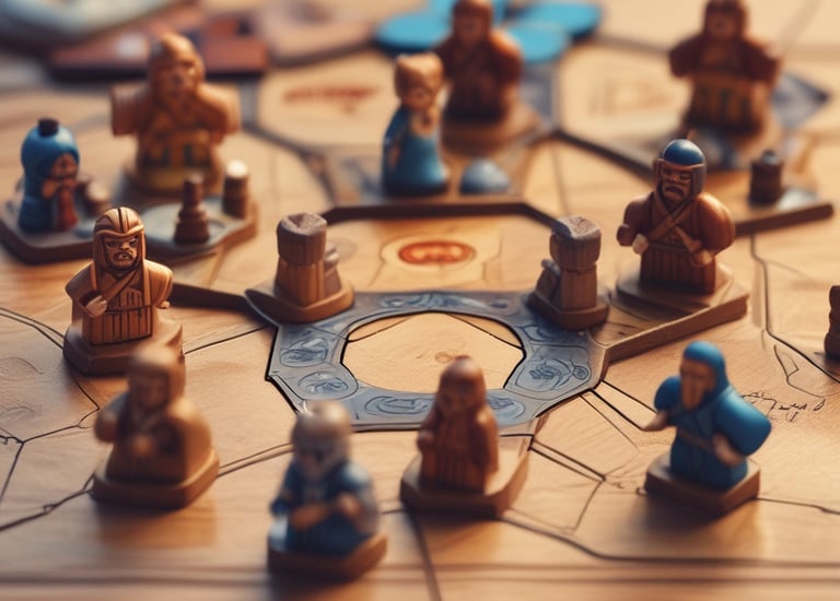 A vibrant photo of the latest board game box with colorful pieces and cards spread out on a wooden table.