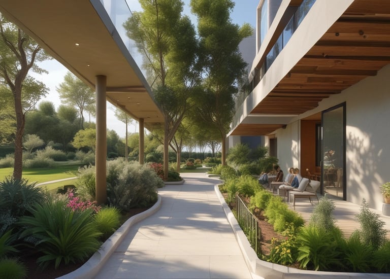 A serene view of a modern Sobha Rivana residential building surrounded by lush greenery at sunset