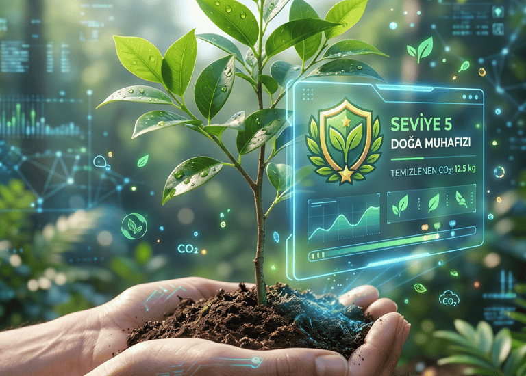 Hands holding a green plant seedling with digital data interface for carbon footprint tracking.