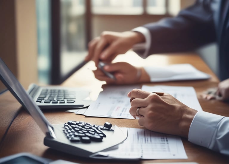 A professional consultant reviewing financial documents with a client in an office setting