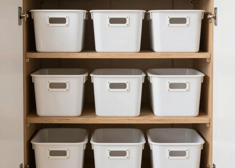 Close-up of neatly arranged spice jars and traditional cookware in a well-organized Kerala kitchen.